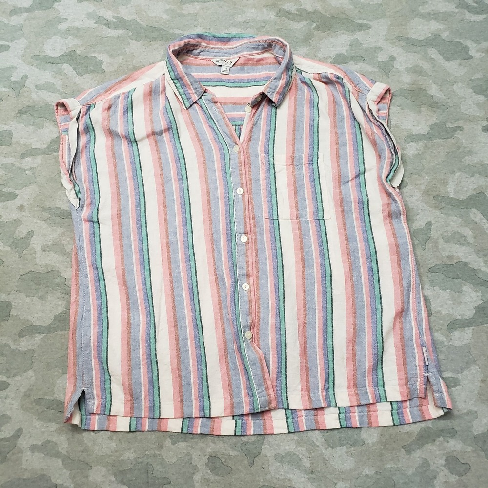 Orvis Top Womens Large Multicolor Button Up Sleeveless Linen Blend Striped‎